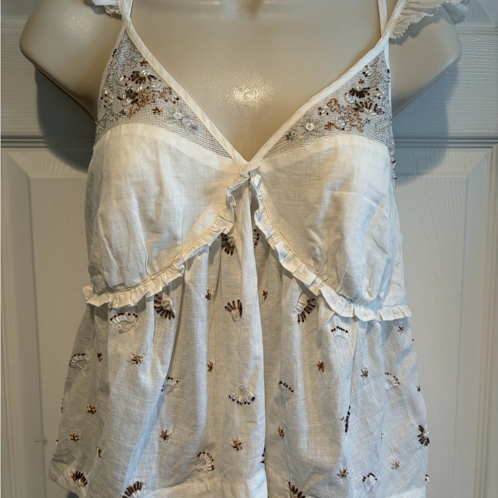 NWT Anthropologie Ivory‎ Beaded Embroidered Reversible Cotton Tank Top Babydoll
